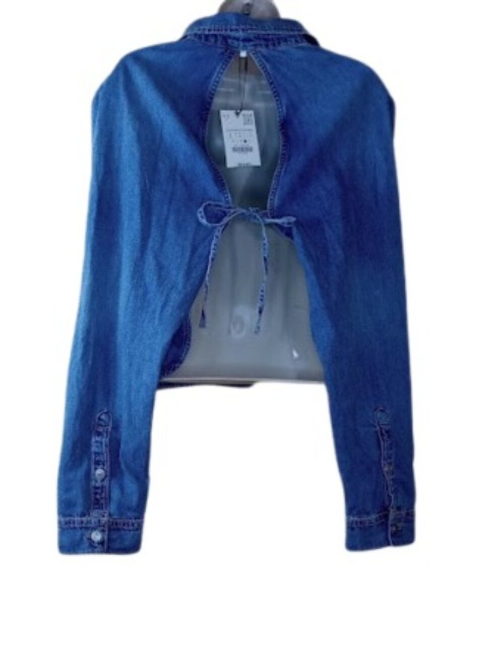 ZARA Womens Button Up Cropped Denim Shirt Blue Open Tie Back L New - Picture 5 of 5
